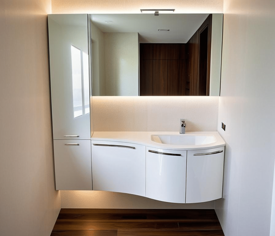 Mobile bagno curvo Arcom con specchio e lavabo integrato